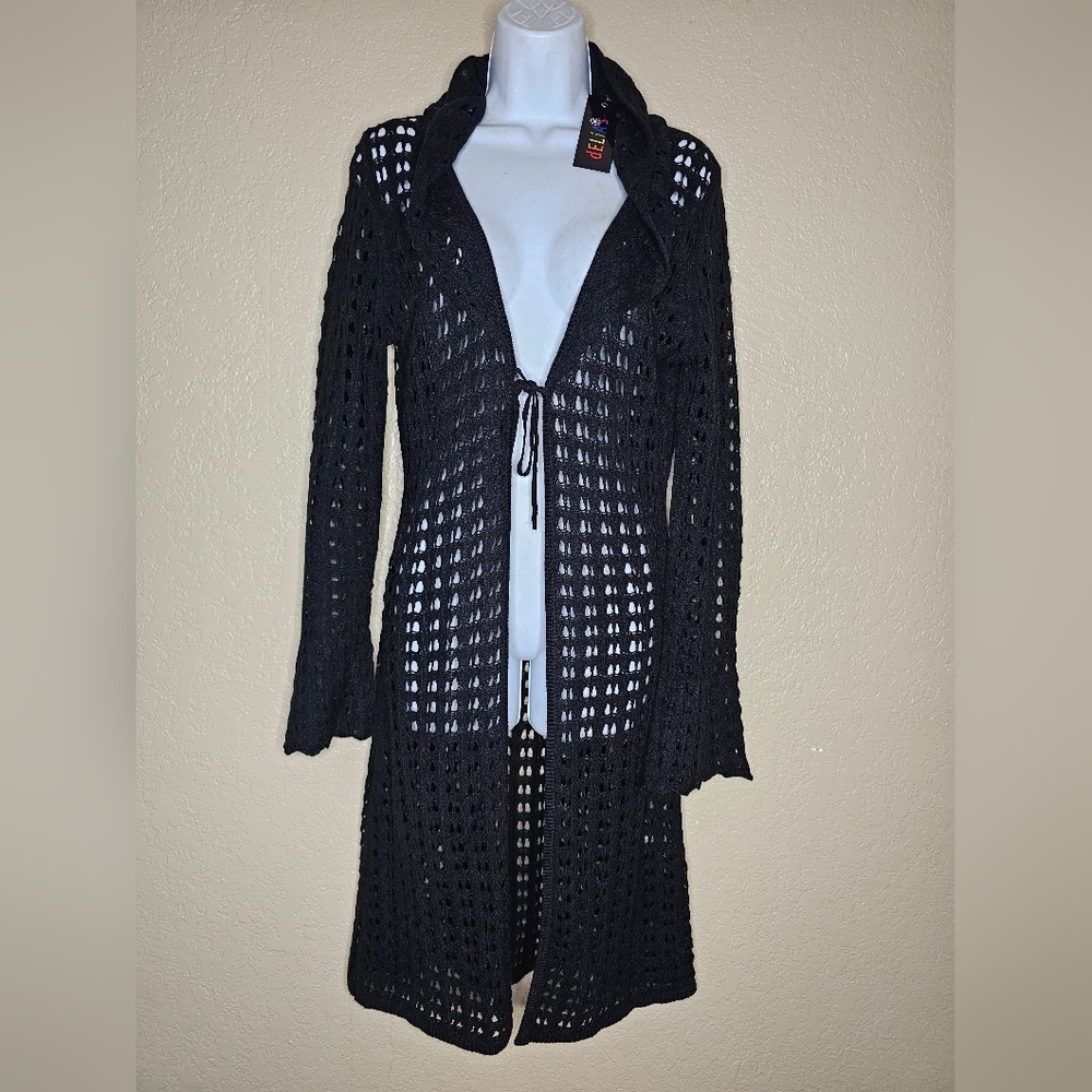DELIAS Black Swim Cover Up Beach Women Size M Long Sleeve Flare Hand - Picture 6 of 7